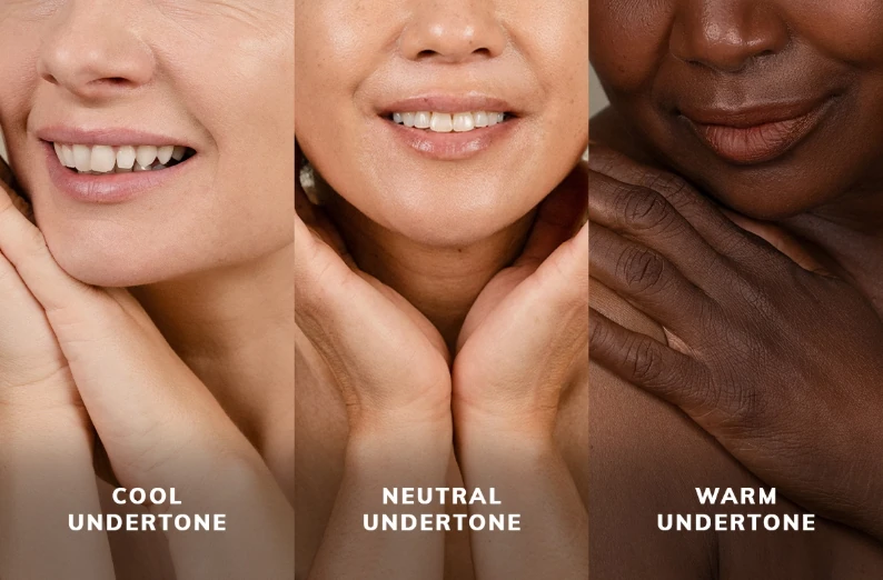 Three example faces side by side showing warm undertone (golden peachy skin), cool undertone (pink rosy skin), and neutral undertone (balanced) for comparison